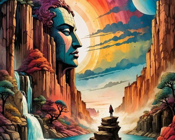 Colossal Face Carved in Vibrant Cliffs with Waterfalls