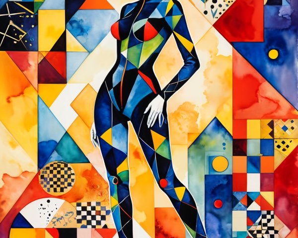 Stylized Female Figure in Vibrant Geometric Catsuit