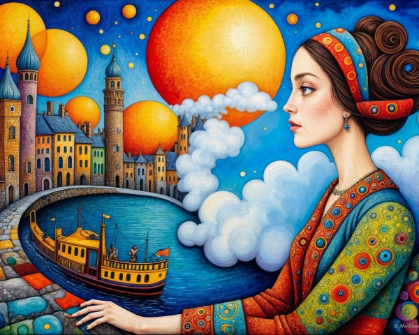 Whimsical Waterfront City with Vibrant Dress and Castles