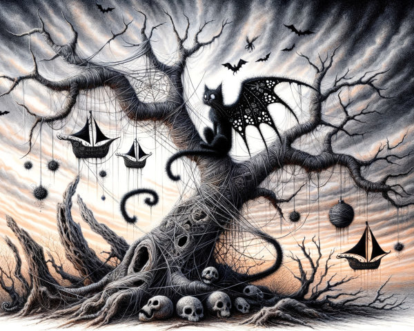 Haunting Black Tree with Eerie Decorations and Skulls