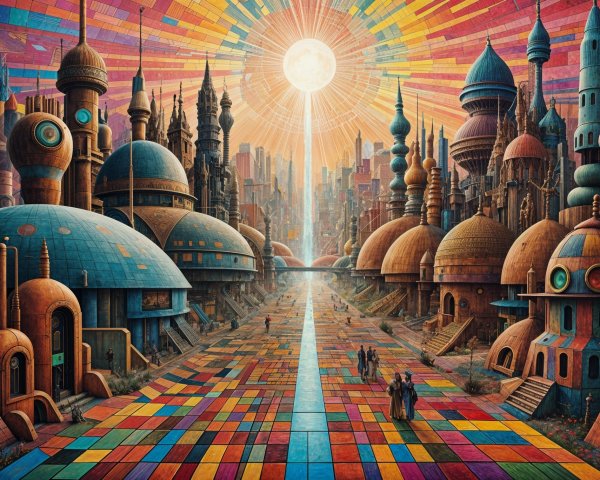 Futuristic cityscape with colorful domes and greenery