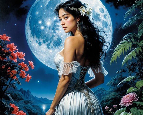 Young woman in silver gown with moonlit backdrop