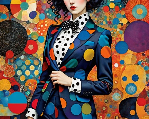 Stylish Figure in Polka-Dotted Suit Against Abstract Background