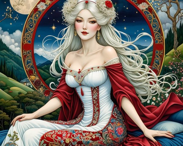 Woman in Floral Gown Under Full Moon Landscape