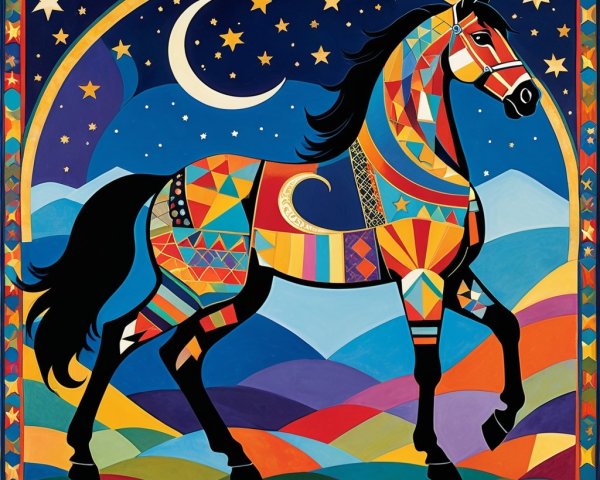 Vibrant Horse Against Starry Night Sky and Hills