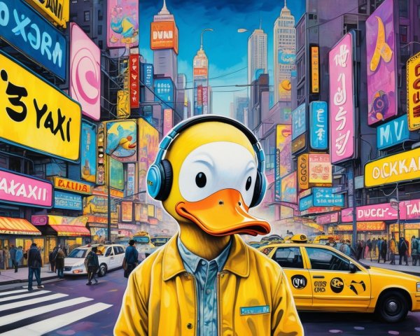 Cartoon Duck in Vibrant Urban Scene with Neon Signs