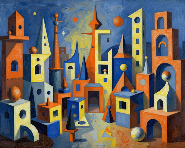 Surreal Cubist Painting of a Whimsical Cityscape