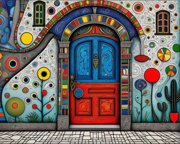 Vibrant Door Surrounded by Colorful Patterns and Shapes