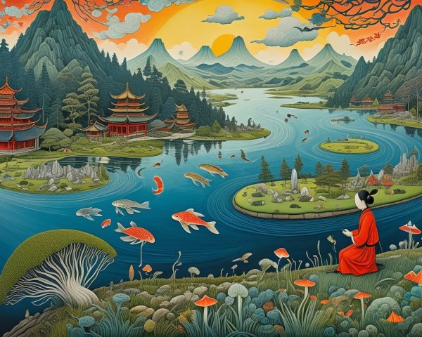 Serene Landscape with Mountains, Pagodas, and Koi Fish