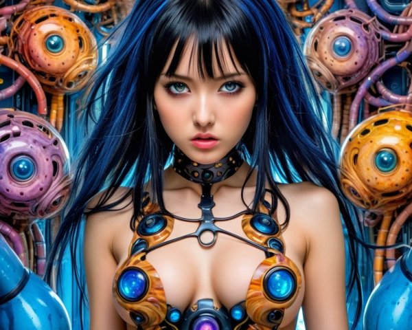 Futuristic woman with blue highlights in mechanical setting