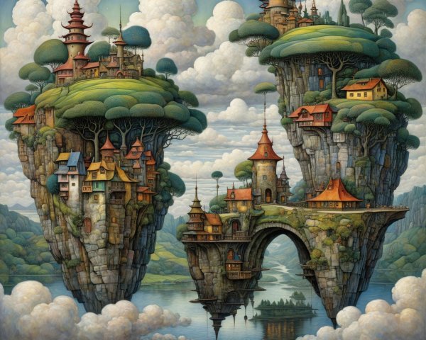 Fantasy Village on Floating Islands Under Full Moon