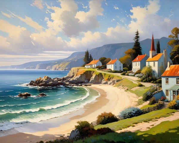 Serene Coastal Landscape with Colorful Cottages and Mountains