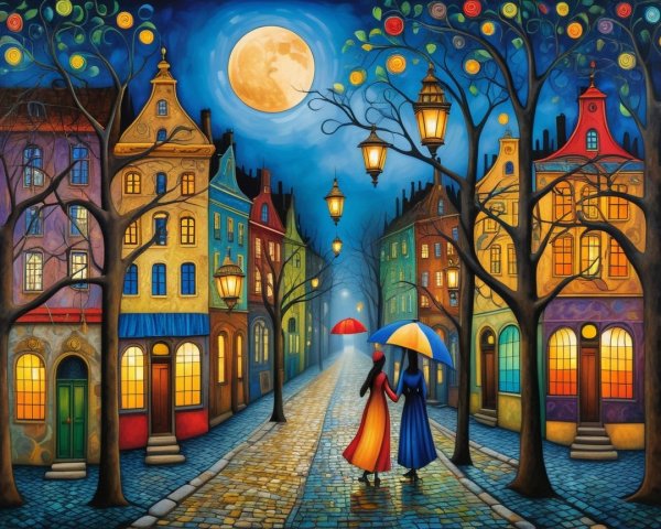 Moonlit Street Scene with Colorful Houses and Figures