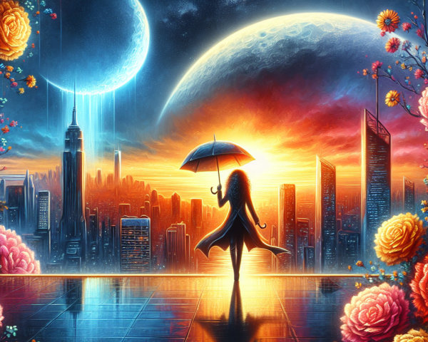 Silhouetted Figure with Umbrella Against Sunset Skyline