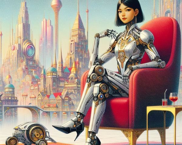 Futuristic Cityscape with Humanoid Robot and Skyscrapers