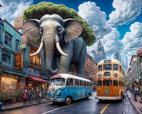 Elephant with Tree on City Street Amid Vintage Buses