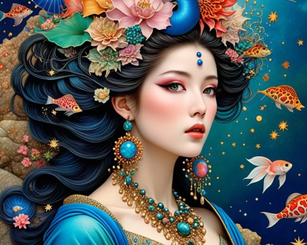 Portrait of a woman with vibrant accessories and florals