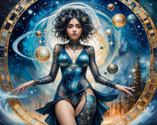 Celestial Figure in Cosmic Backdrop with Galaxies