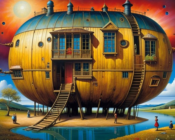 Oversized Wooden Pumpkin House in a Surreal Landscape