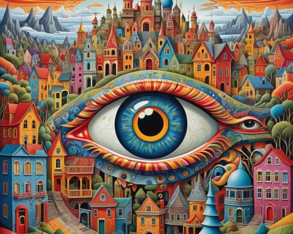 Surreal Landscape with Central Eye and Whimsical City
