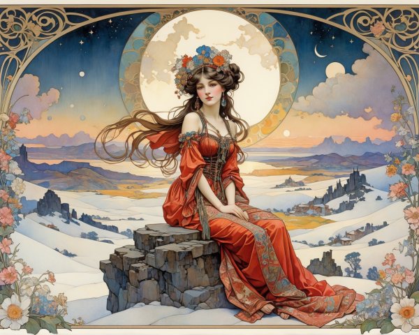 Art Nouveau Illustration of Woman in Red Gown and Moon