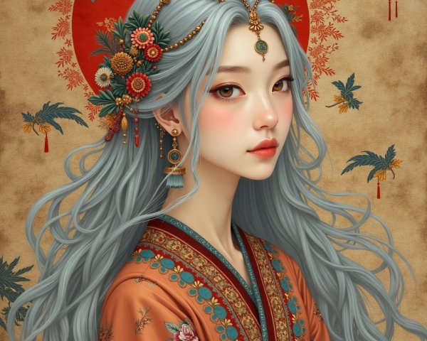 Young woman with silver-blue hair in floral attire