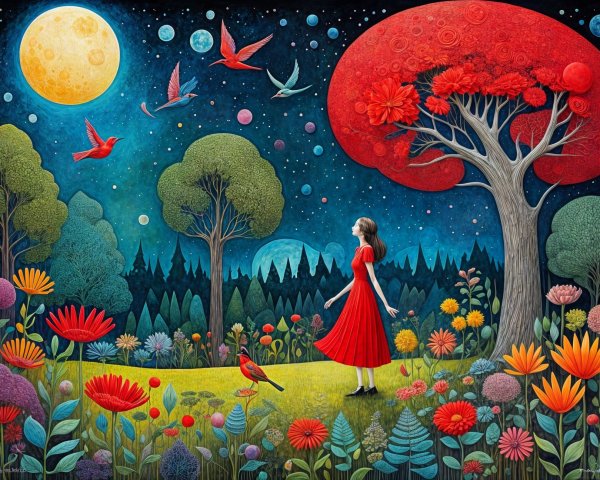 Whimsical Landscape with Girl in Red Dress and Moon