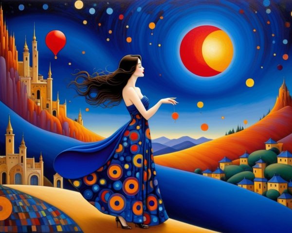 Surreal Landscape with Woman in Colorful Dress