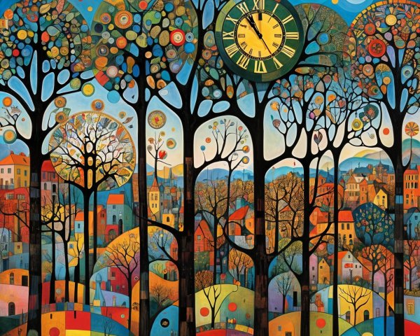 Vibrant Landscape with Colorful Trees and Abstract Houses