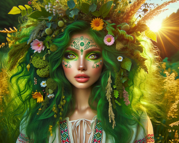 Young woman with green hair in sunlit meadow