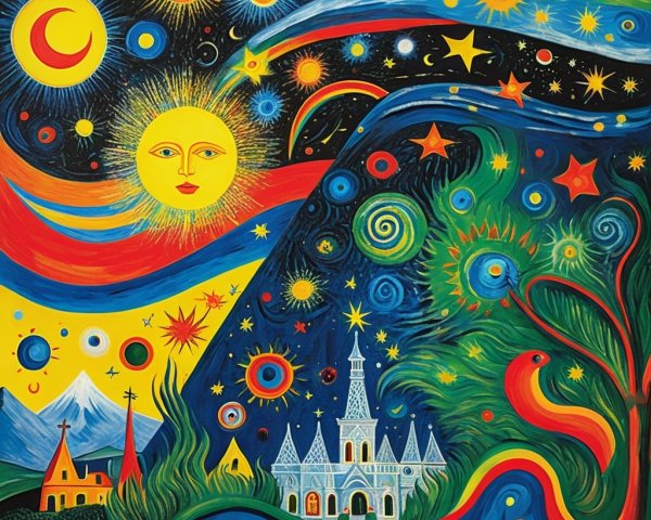Cosmic Artwork Featuring Sun, Moon, and Fantasy Landscape