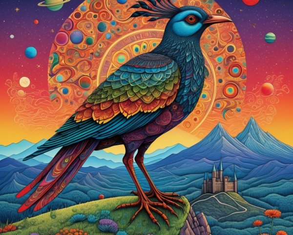 Vibrant Peacock on Cliff with Cosmic Landscape