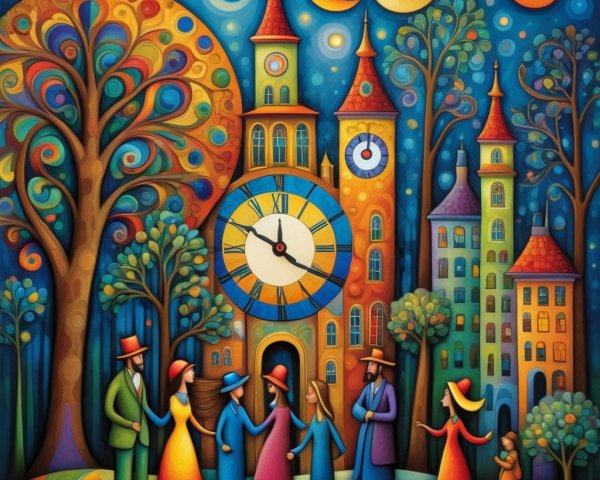 Colorful Town Square Scene with Whimsical Elements
