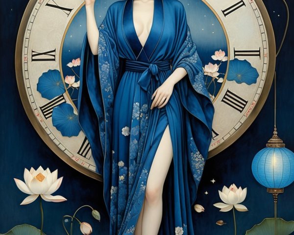 Elegant figure in blue kimono by a large clock