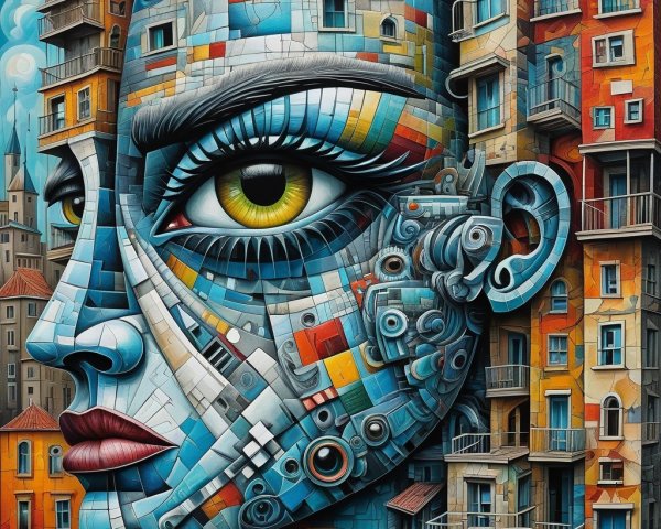 Mural of Human Features and Architectural Elements