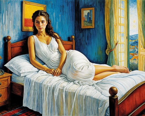 Young Woman in White Dress by a Window in a Room