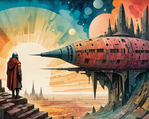 Lone Figure Overlooks Futuristic Spacecraft at Precipice