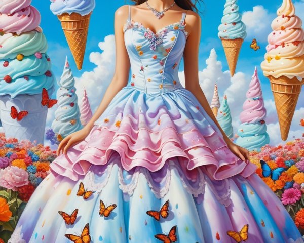 Whimsical Scene of a Woman in Colorful Dress with Butterflies
