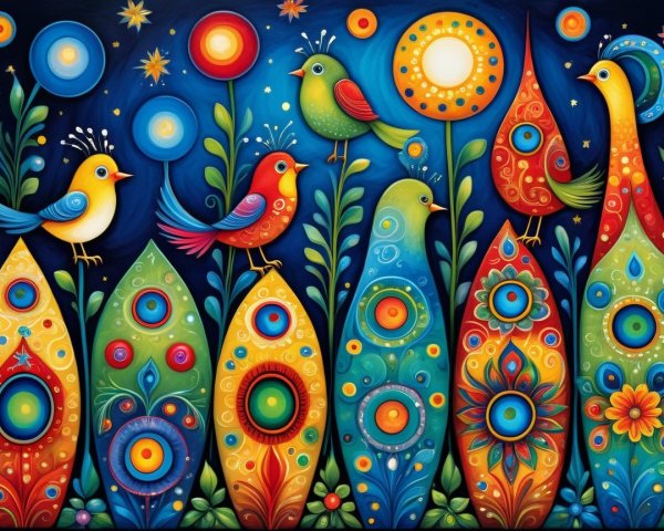 Whimsical Scene of Colorful Birds and Flowers