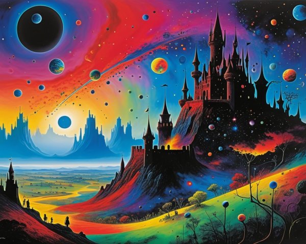 Vibrant Cosmic Landscape with Majestic Castle and Stars