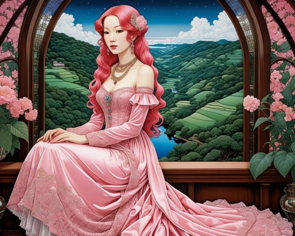 Regal figure in pink gown amidst serene landscape