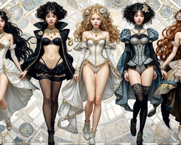 Elegant Women in Tailored Corsets in Ornate Setting