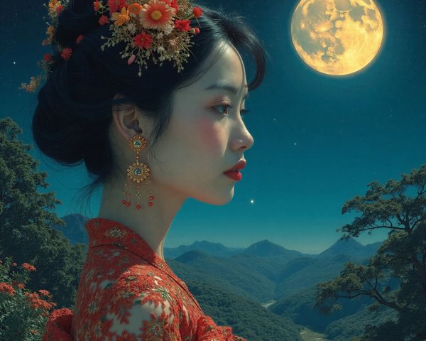 Young Woman in Red Kimono Against Mountain and Moon