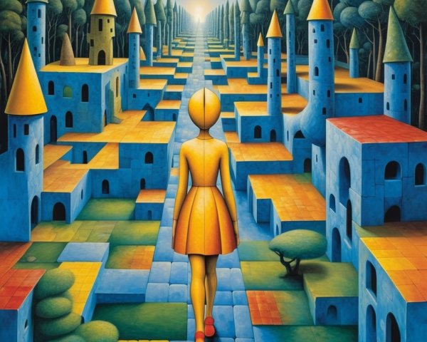 Dreamlike Landscape with Geometric Architecture and Figure