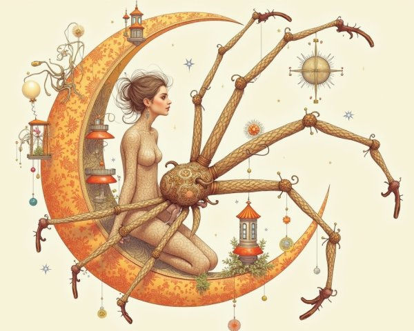 Whimsical Illustration of Woman on Crescent Moon