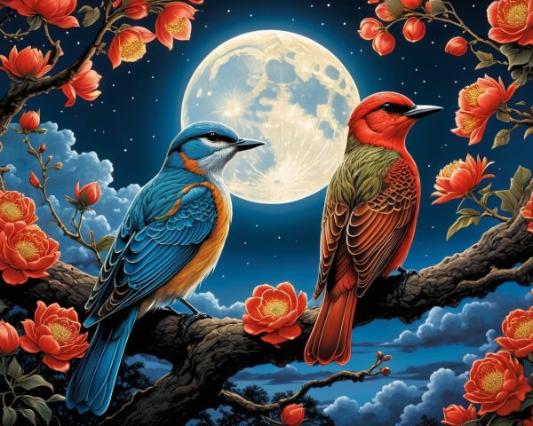 Vibrant Birds on Branch Under Moonlit Sky