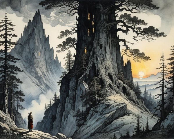 Lone Figure on Rocky Path with Misty Mountain View