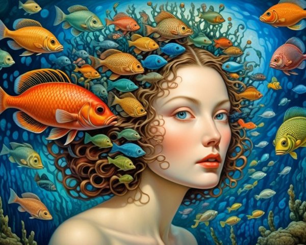 Surreal Underwater Scene with Woman and Colorful Fish