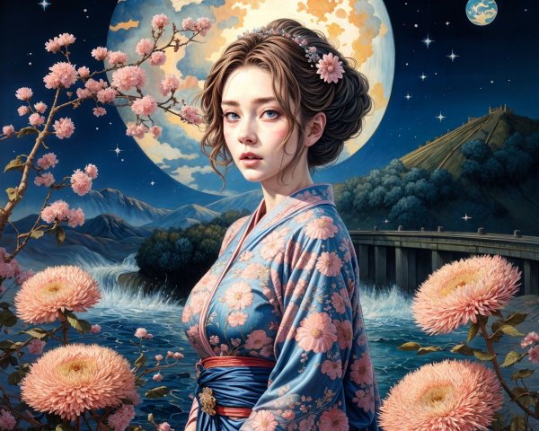 Serene Woman in Blue Kimono Under Night Sky