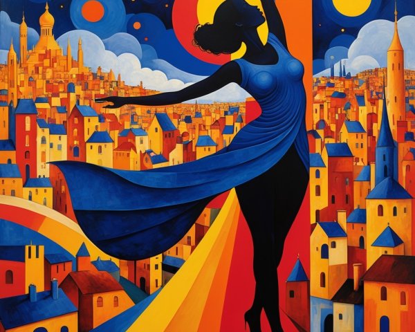 Colorful Painting of Dancing Woman in Cityscape